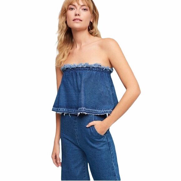 JOA LA Wide Leg Cropped Strapless Denim Jumpsuit - Picture 3 of 9